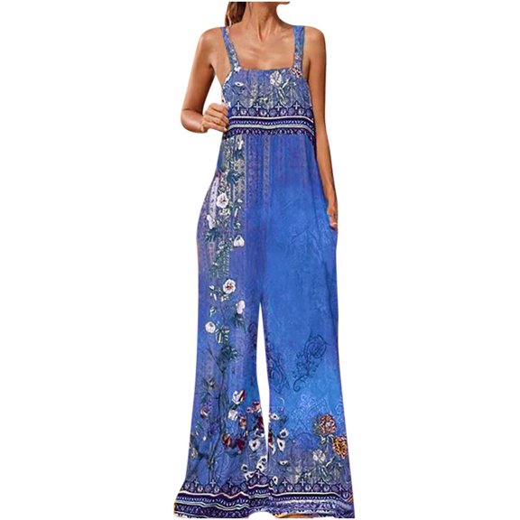 clear 50% off Usmixi Jumpsuits for Women Vintage Ethnic Style Graphics Plus Size Wide Leg Baggy Strap Long Jumpsuits Overalls Summer Formal Floral Print Square Neck Sleeveless Maxi Rompers Blue s