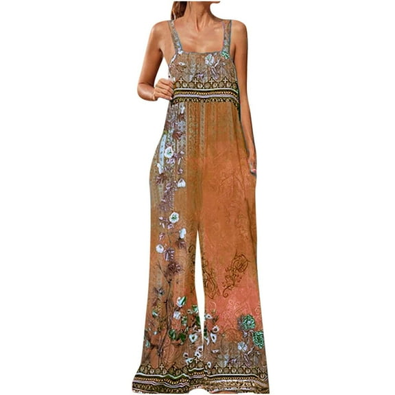 clear 50% off Usmixi Jumpsuits for Women Vintage Ethnic Style Graphics Plus Size Wide Leg Baggy Strap Long Jumpsuits Overalls Summer Formal Floral Print Square Neck Sleeveless Maxi Rompers Orange m