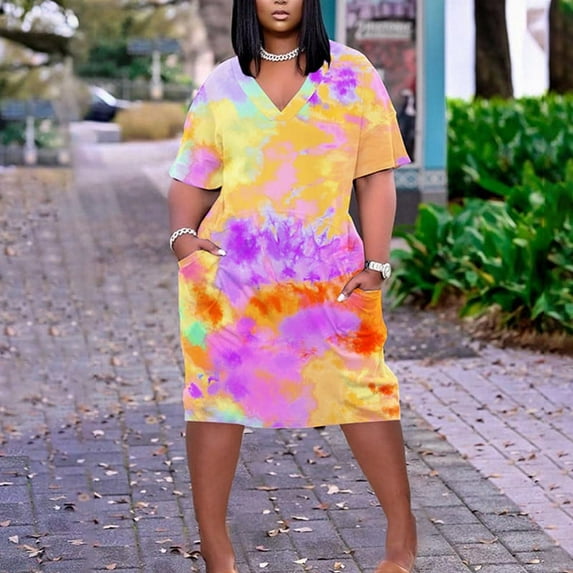 clear 50% off Usmixi Summer Dresses for Women Plus Size Pocket Swing Hem Tunic Tshirt Midi Sun Dresses Short Sleeve V-Neck Tie-Dye Print Knee-Length 2023 Casual Dress Orange xxl Under $5