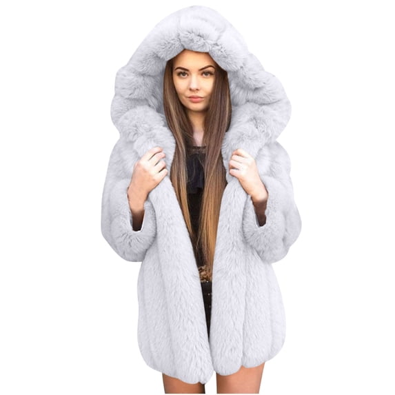 clear 50% off Usmixi Weekly Deals 2023 Faux Fur Coat for Women Womens Fluffy Fleece Overcoat Plus Size Casual Solid Fuzzy Plush Hooded Coat Long Sleeve Cozy Faux Furry Outwear Winter Faux Fur Coat