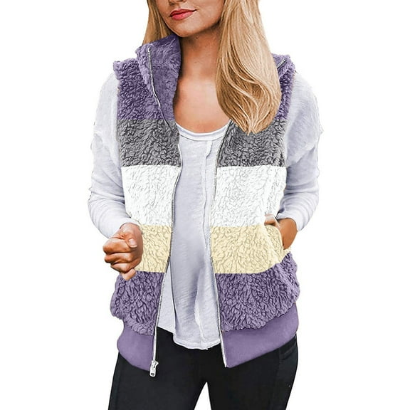 clear 50% off Usmixi 2023 Fleece Vest for Women Plush Jacket for Women Plus Size Fashion Color Patchwork Sleeveless Vest Coat Full Zipper Stand Neck Sherpa Outwear Winter Fleece Vest