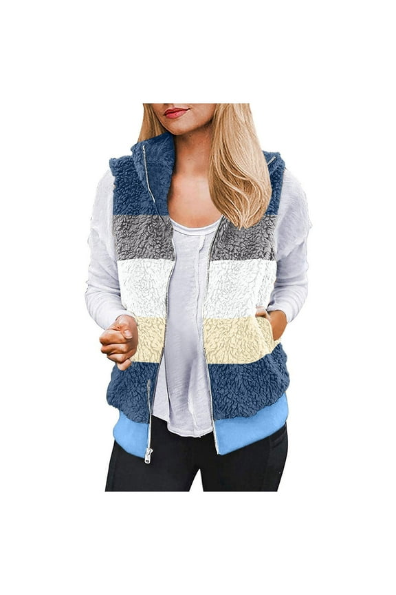 clear 50% off Usmixi 2023 Fleece Vest for Women Plush Jacket for Women Plus Size Fashion Color Patchwork Sleeveless Vest Coat Full Zipper Stand Neck Sherpa Outwear Winter Fleece Vest