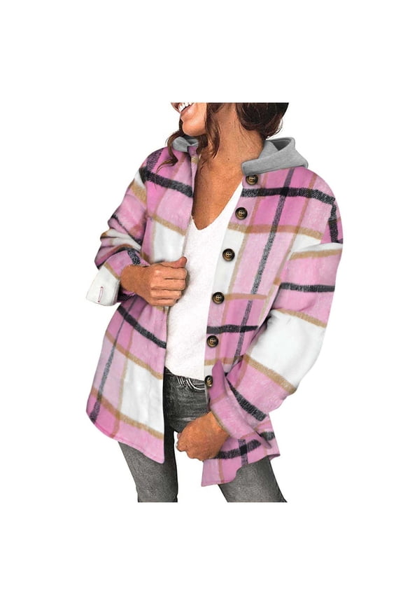 clear 50% off Usmixi Shacket for Women Flannel Jackets for Women Button Down Classic Plaid Print Shirts Coat Long Sleeve Loose Comfy Woolen Hooded Outerwear with Pocket Winter Shacket