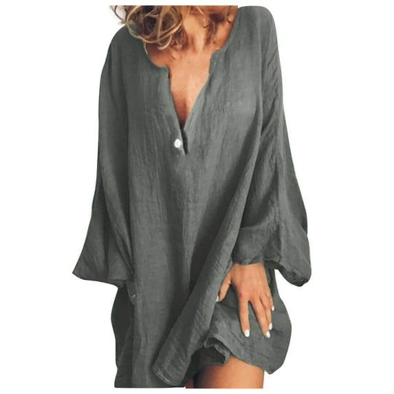 clear 50% off Usmixi Winter Long Sleeve Tops for Women Cotton Linen Shirts for Women Casual Button up V Neck Plus Size Pullover Blouses Casual Solid Long Sleeve Tops Fall Long Sleeve Tops