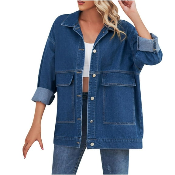 clear 50% off Usmixi Winter Womens Denim Jacket Womens Jean Coats Vintage Button Down Lapel Stretchy Denim Coats Long Sleeve Casual Solid Loose Jean Outerwear with Pocket 2023 Denim Jacket