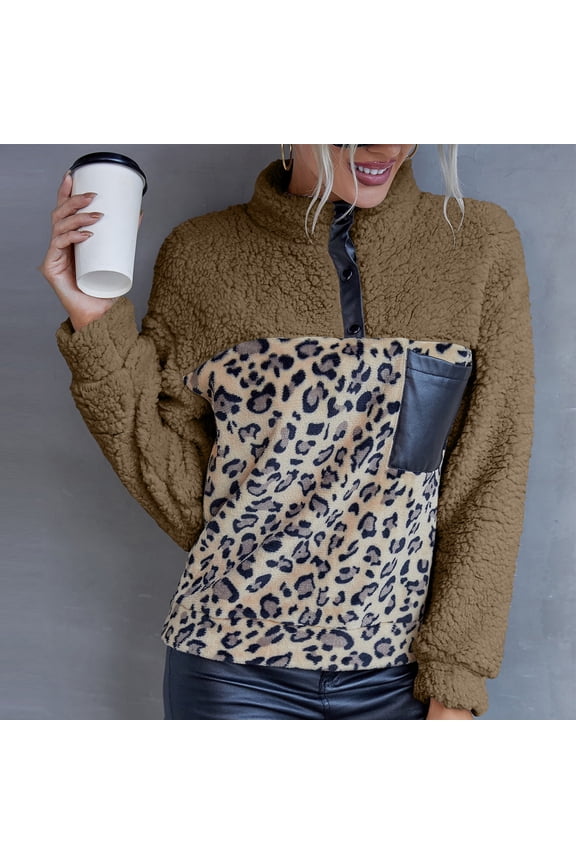 clear 50% off Usmixi Winter Womens Plush Coat Fuzzy Fleece Pullover Sweater for Women Vintage Leopard Patchwork Quarter Zip Plush Sweatshirt Long Sleeve Cozy Pullover Coat with Pocket Up to 65% off