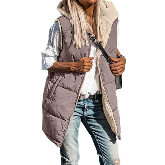 clear 50% off Usmixi Winter Womens Plush Vest Lightweight Puffer Jacket for Women Plus Size Fashion Double-Side Wear Coat Casual Solid Sleeveless Hooded Plush Outerwear 2023 Plush Vest