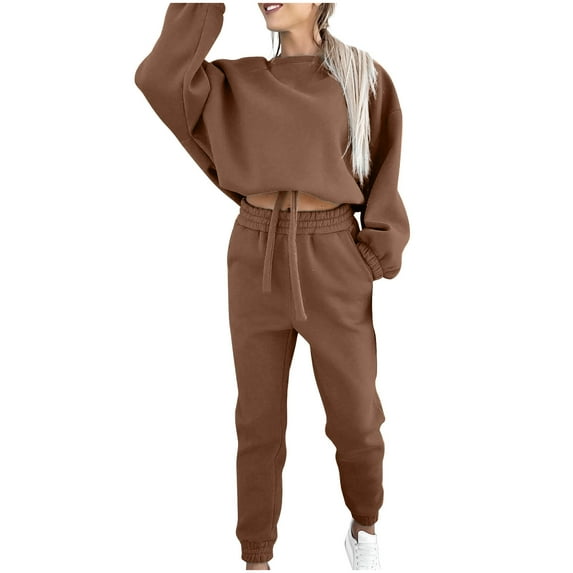 clear 50% off Usmixi Womens 2 Piece Sweatsuit Cropped Sweatshirt 2 Piece Sets Women Casual Solid Long Sleeve Drawstring Pullover and Jogger Pant Tracksuit Sets Sports Running Lounge Sets