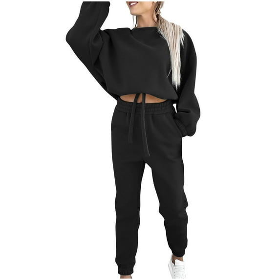 clear Usmixi Womens 2 Piece Sweatsuit Cropped Sweatshirt 2 Piece Sets Women Casual Solid Long Sleeve Drawstring Pullover and Jogger Pant Tracksuit Sets Sports Running Lounge Sets on Sale