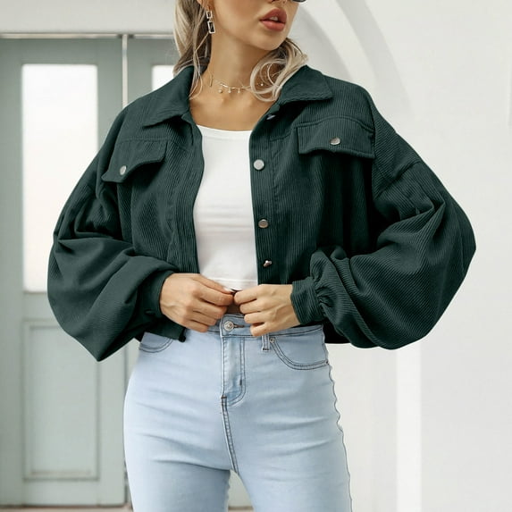 clear 50% off Usmixi Womens Cropped Coat Corduroy Jacket for Women Long Sleeve Lapel Button Up Shacket Coat Casual Solid Ladies Fall Loose Outerwear Tops with Pocket Winter Cropped Coat