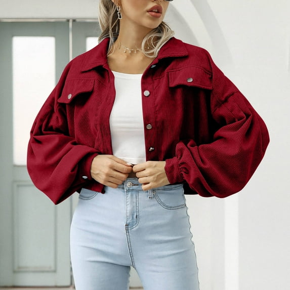 clear 50% off Usmixi Womens Cropped Coat Corduroy Jacket for Women Long Sleeve Lapel Button Up Shacket Coat Casual Solid Ladies Fall Loose Outerwear Tops with Pocket Winter Cropped Coat