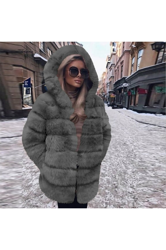 Usmixi Womens Faux Fur Coat Womens Faux Furry Coats Plus Size Casual Solid Open Front Hooded Jacket Soft Cozy Fuzzy Fleece Plush Outerwear with Pocket Winter Faux Fur Coat
