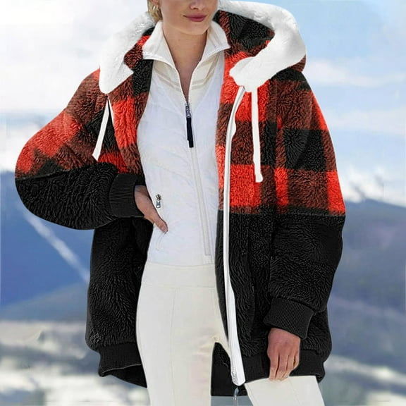 clear 50% off wycnly Womens Fluffy Coat Womens Sherpa Coat Plus Size Plaid Patchwork Fuzzy Fleece Sweatshirt Jacket Open Front Zip Drawstring Hooded Plush Outerwear Winter Fluffy Coat