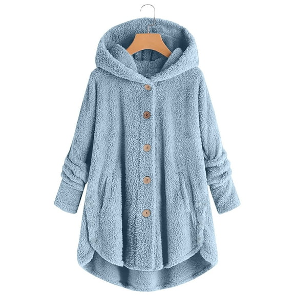 Usmixi Womens Plush Coat Plus Size Overcoat for Women Casual Solid Cozy Fluffy Plush Sweatshirt Coat Button up Irregular Fuzzy Fleece Hooded Outerwear Winter Plush Coat