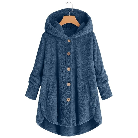 clear 50% off wycnly Womens Plush Coat Plus Size Overcoat for Women Casual Solid Cozy Fluffy Plush Sweatshirt Coat Button up Irregular Fuzzy Fleece Hooded Outerwear Winter Plush Coat