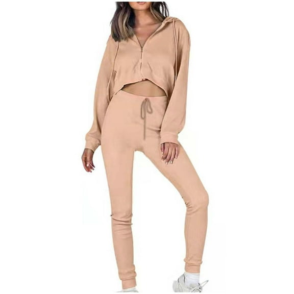 Usmixi Womens Sweatsuits Set Cropped Sweatshirt Coats Lounge Sets for Women Long Sleeve Hoodies Tops Drawstring Jogger Pants Tracksuits Sets Trendy Solid 2 Piece Outfits
