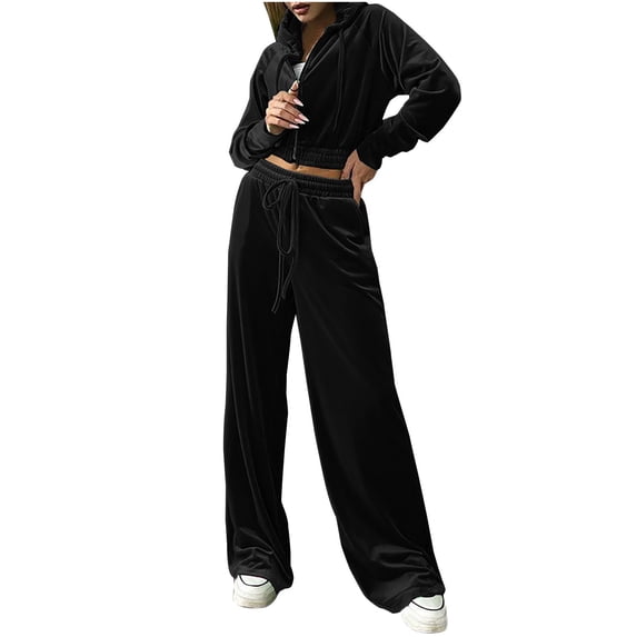 Usmixi Womens Tracksuits Set 2 Piece Outfits for Women Fashion Comfy Gold Velvet Zipper Hooded Coat Drawstring Long Pants Ladies Casual Solid Sweatsuits Sets Lounge Sets