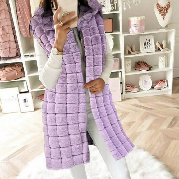 clear 50% off Usmixi Womens Winter Faux Fur Vest Fuzzy Fleece Vest Coats for Women Plus Size Sleeveless Hooded Overcoat Casual Solid Open Front Cozy Fluffy Plush Outerwear Faux Fur Vest