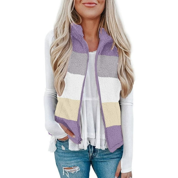 clear 50% off Usmixi Womens Winter Fleece Vest Fuzzy Fluffy Sherpa Jacket for Women Plus Size Open Front Zip Fleece Coats Fashion Color Block Stand Neck Sleeveless Outwear Fleece Vest