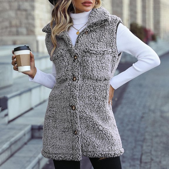 clear 50% off Usmixi Womens Winter Fleece Vest Sherpa Jacket for Women Casual Solid Button Down Lapel Sleeveless Vest Coats Soft Cozy Fuzzy Plush Outerwear with Pocket 2023 Fleece Vest