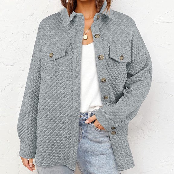 clear Usmixi Womens Winter Quilted Jacket Casual Jacket for Women Long Sleeve Fall Lightweight Cotton Coat Casual Solid Lapel Button Down Loose Outerwear with Pocket Quilted Jacket