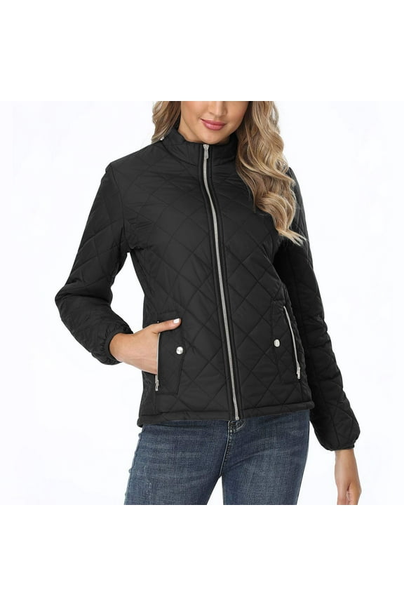 clear 50% off Usmixi Womens Winter Quilted Jacket Puffer Coat for Women Open Front Zipper Stand Neck Warm Cotton Down Jacket Casual Solid Long Sleeve Pocket Padded Outwear Quilted Jacket