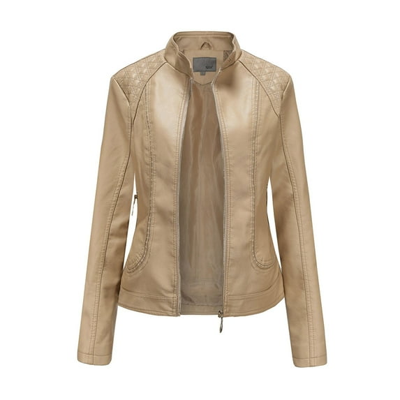 clear 50% off wycnly 2023 Leather Jacket for Women Winter Womens Faux Leather Jacket Stand Collar Zip up Trendy Moto Biker Coat Long Sleeve Casual Solid Plus Size PU Outerwear with Pocket Weekly