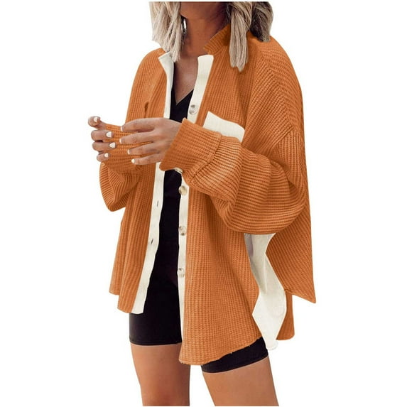 Usmixi 2023 Winter Womens Corduroy Jackets Womens Shacket Jackets Fashion Color Patchwork Button Down Stand Neck Shirts Coats Winter Loose Long Sleeve Cozy Corduroy Coat with Pocket Up to 65% off