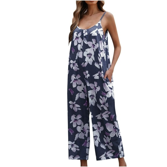 clear 50% off wycnly Jumpsuits for Women Beach Holiday Plus Size Fashion Spaghetti Strap Wide Leg Pocket Long Jumpsuits Overalls Summer Formal Leaves Print Crewneck Sleeveless Maxi Rompers Navy s