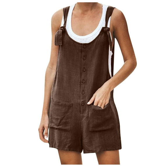 clear 50% off wycnly Jumpsuits for Women Plus Size Casual Solid Button Down Cotton Linen Strap Short Jumpsuits Overalls with Pocket Summer Formal Plain Round Neck Sleeveless Mini Rompers Brown l