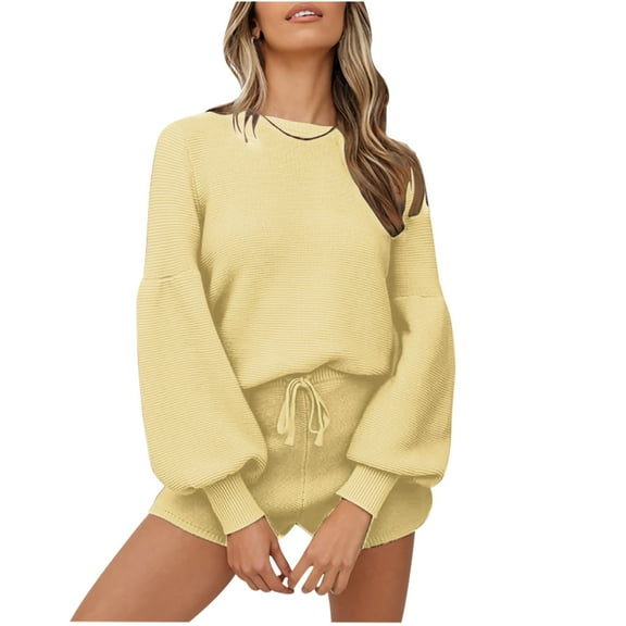clear 50% off wycnly Lounge Set for Women Womens Knitted 2 Piece Outfits Set Long Lantern Sleeve Pullover Sweater and Drawstring Shorts Matching Sets Casual Solid Homewear Pajama Sets Holiday