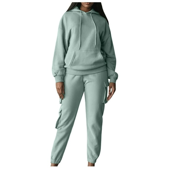 clear 50% off wycnly Sweatsuits Set for Women Casual Hoodies 2 Piece Outfits Set for Women Drawstring Hooded Sweatshirt and Jogger Cargo Pant Tracksuits Set Solid Sports Lounge Sets Holiday