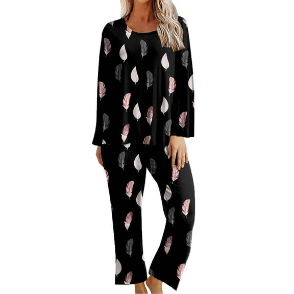 clear 50% off wycnly Womens Loungewear Set Pajamas Sets for Women Long Sleeve Pullover Top and High Waits Pocket Pant Lounge Sets Ladies Fashion Feather Print Homewear Sleepwear Sets