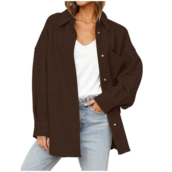 clear 50% off wycnly Wool Coat for Women Winter Shacket Coat for Women Casual Solid Button Down Lapel Loose Shirts Jackets Fall Long Sleeve Lightweight Comfy Woolen Outwear with Pocket Weekly