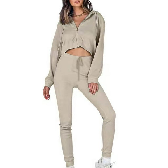 clear Usmixi Womens Sweatsuits Set Cropped Sweatshirt Coats Lounge Sets for Women Long Sleeve Hoodies Tops Drawstring Jogger Pants Tracksuits Sets Trendy Solid 2 Piece Outfits on Sale