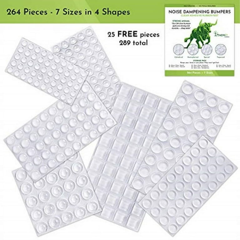 clear adhesive bumper dots and pads - 289 strong self-adhesive rubber feet  for wall protection and furniture - noise reducing silicone rubber bumpers  for glass cabinet doors and drawers - 7 sizes 
