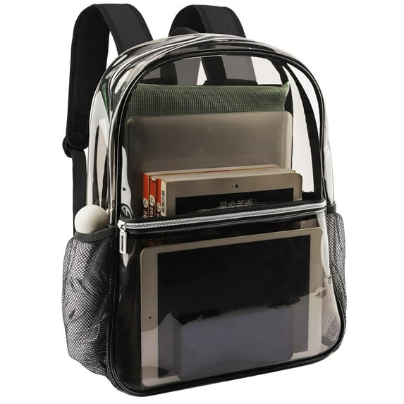 clear backpack heavy duty, pvc see through book bag for school stadium approved transparent backpack, navy blue