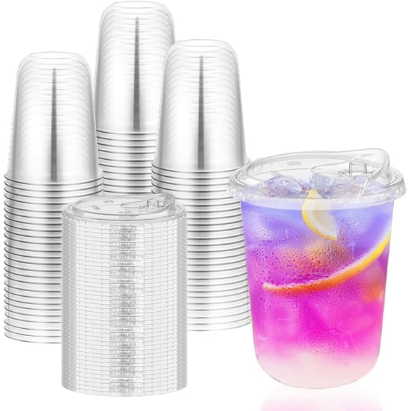 clear plastic cup with lid, 16 oz, 50 pack disposable beverage container for iced coffee, smoothies, milkshakes, cold drinks, party catering