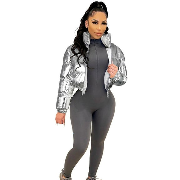 (clearance)IDALL Coats for Women Cropped Jacket Women's Cropped Jacket Women Winter Shiny Zip Up Short Bubble Puffy Coats Jackets for Women Quilted Jackets for Women Silver L