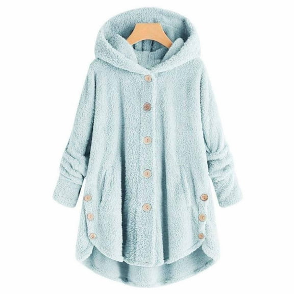 (clearance)IDALL Coats for Women Jackets for Women Plus Size Button Plush Tops Hooded Loose Cardigan Wool Coat Winter Jacket Long Sleeve Tops Shackets Light Blue 3xl