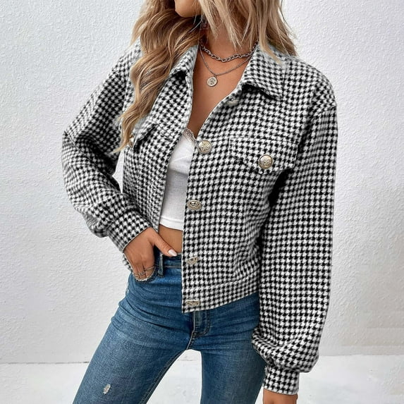 (clearance)IDALL Coats for Women Jackets for Women 2023 Autumn and Winter Women's Coat Lapel Single Breasted Houndstooth Jacket Coat Quilted Jackets for Women Shackets Black M