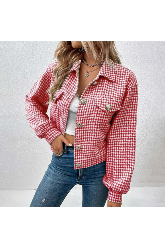 (clearance)IDALL Coats for Women Jackets for Women 2023 Autumn and Winter Women's Coat Lapel Single Breasted Houndstooth Jacket Coat Quilted Jackets for Women Shackets Red L