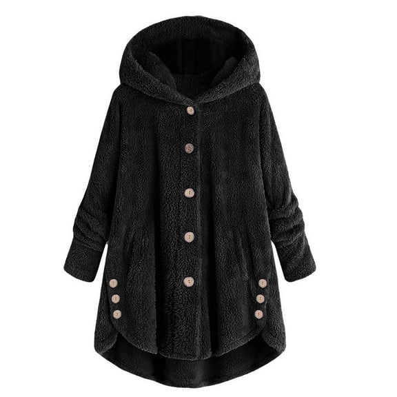 (clearance)IDALL Coats for Women Jackets for Women Plus Size Button Plush Tops Hooded Loose Cardigan Wool Coat Winter Jacket Long Sleeve Tops Shackets Black S