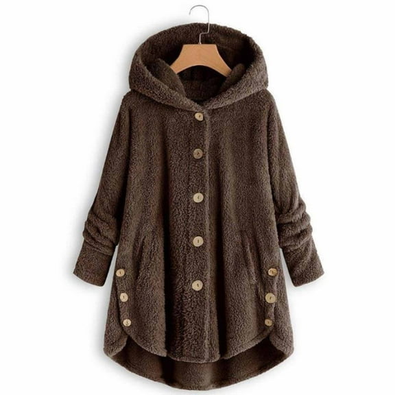(clearance)IDALL Coats for Women Jackets for Women Plus Size Button Plush Tops Hooded Loose Cardigan Wool Coat Winter Jacket Long Sleeve Tops Shackets Coffee 5xl