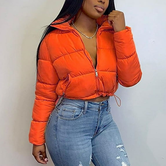 (clearance)IDALL Cropped Puffer Jacket Womens Winter Solid Short Bread Down Jacket Stand Up Collar Outerwear Padded Thick Coat Coats for Women Quilted Jackets for Women Orange S