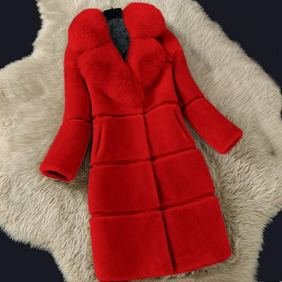 (clearance)IDALL Faux Fur Coat Trench Coat Women Faux Coat Elegant Thick Warm Fashion Outerwear Long Jacket Plush Jacket Warm and Soft Winter Overcoat Parkas Peacoat Red M