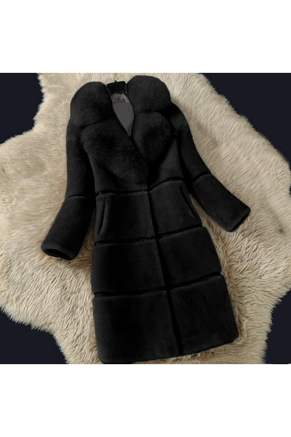 (clearance)IDALL Faux Fur Coat Trench Coat Women Faux Coat Elegant Thick Warm Fashion Outerwear Long Jacket Plush Jacket Warm and Soft Winter Overcoat Parkas Peacoat Black L