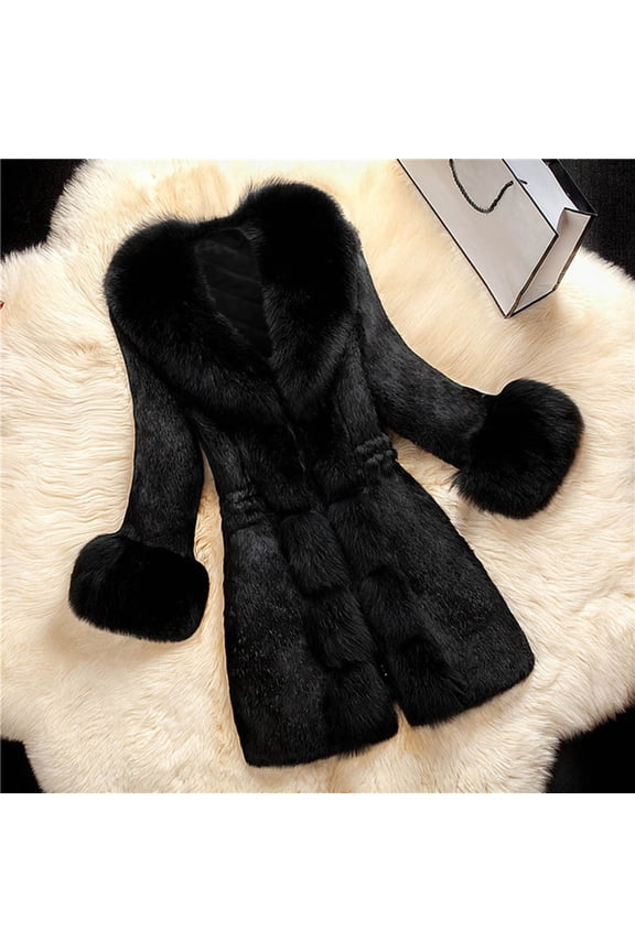 (clearance)IDALL Faux Fur Coat Trench Coat Women Lady Coat Winter Warm Long Sleeve Solid Outwear Coat Plush Jacket Warm and Soft Winter Overcoat Parkas Peacoat Black L