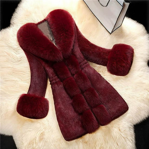(clearance)IDALL Faux Fur Coat Trench Coat Women Lady Coat Winter Warm Long Sleeve Solid Outwear Coat Plush Jacket Warm and Soft Winter Overcoat Parkas Peacoat Wine S