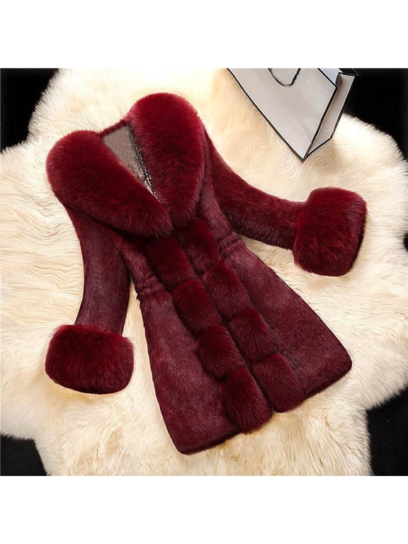 (clearance)IDALL Faux Fur Coat Trench Coat Women Lady Coat Winter Warm Long Sleeve Solid Outwear Coat Plush Jacket Warm and Soft Winter Overcoat Parkas Peacoat Wine 5xl